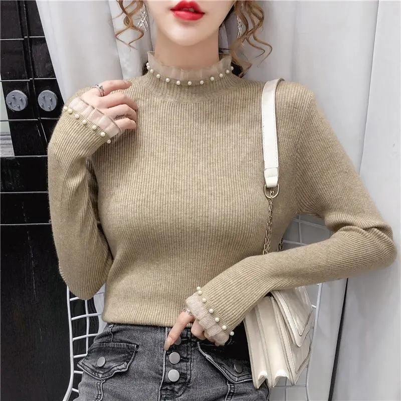 Semi-turtleneck Sweater Bottoming Shirt Women's Autumn and Winter Long-sleeved Top Beaded Lace Slim-fit Knitted Sweater