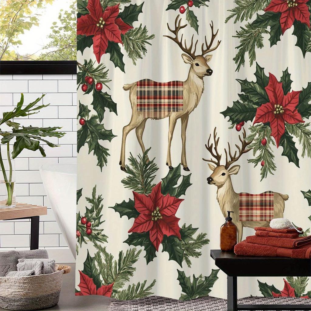 Open One Piece Vintage Winter Reindeer Poinsettia Print Shower Curtain, Window Curtain with 12 Hooks Curtain for Windows