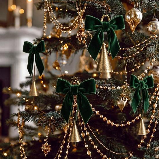 Holiday Party Hanging Ornaments 6 Pcs Velvet Bow with Bell Ornaments, Vintage Rustic Christmas Seasonal Decorative Decoration, Retro Jingle