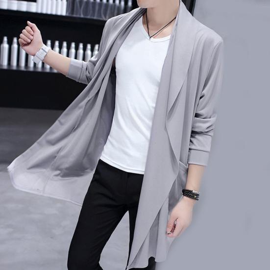 Men Trench Windbreaker Large Neckline Solid Color Slim Mid-length Draping Overcoat Outwear Cloak Streetwear