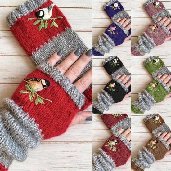 Women Autumn Winter Bird Embroidered Gloves Knit Fingerless Color Block Mitten