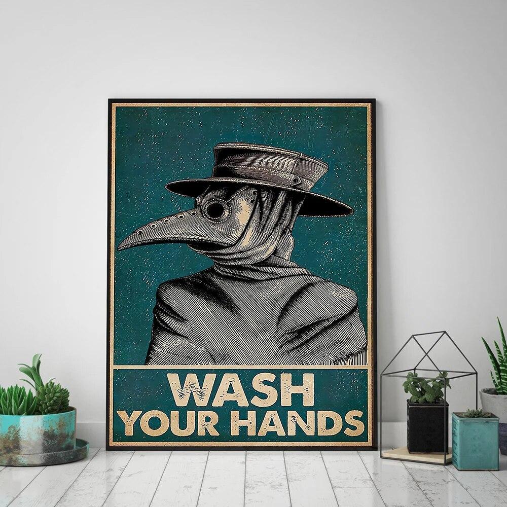 Vintage Poster Plague Doctor Wash Your Hand Sign Public Health Retro Wall Art Bathroom Canvas Painting Print Doctor Office Decor No Frame