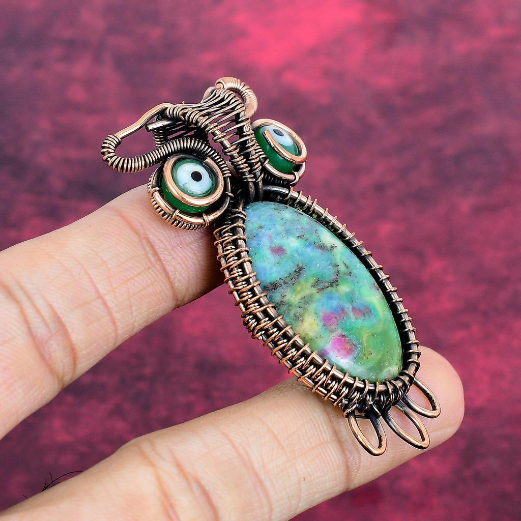 Ruby Fuchsite Gemstone Pendant Handmade Green Evil Eye Pendant Copper Wire Wrapped Owl Jewelry