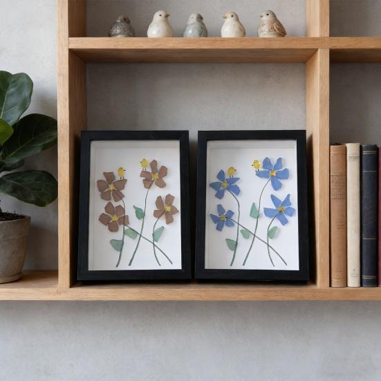 Yousheng Sea Glass Flower Birds Wall Art Handmade Sea Glass Decorative Photo Frame Gift for Mom Grandma Wife Girlfriend Friends