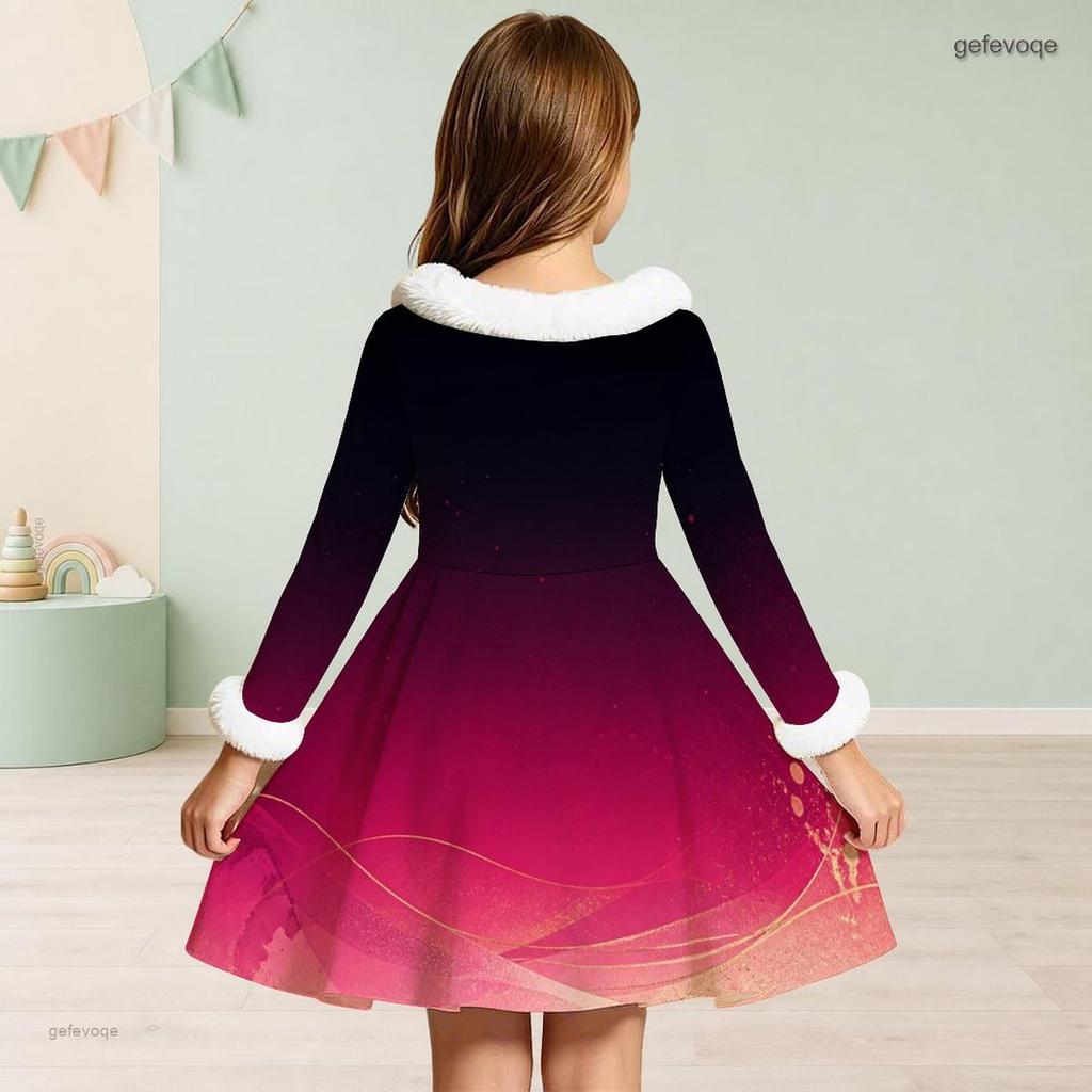 Girls White Fur Collar Long Sleeve Bow Black Gold Printed A Line Flared Dress