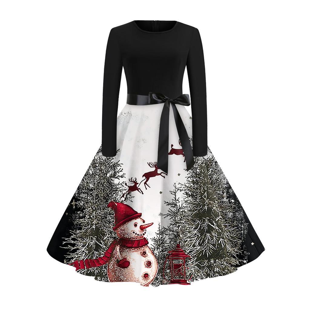 Women's Fashionable And Elegant Autmn And Winter Long-sleeved Round Neck Christmas Print Dress