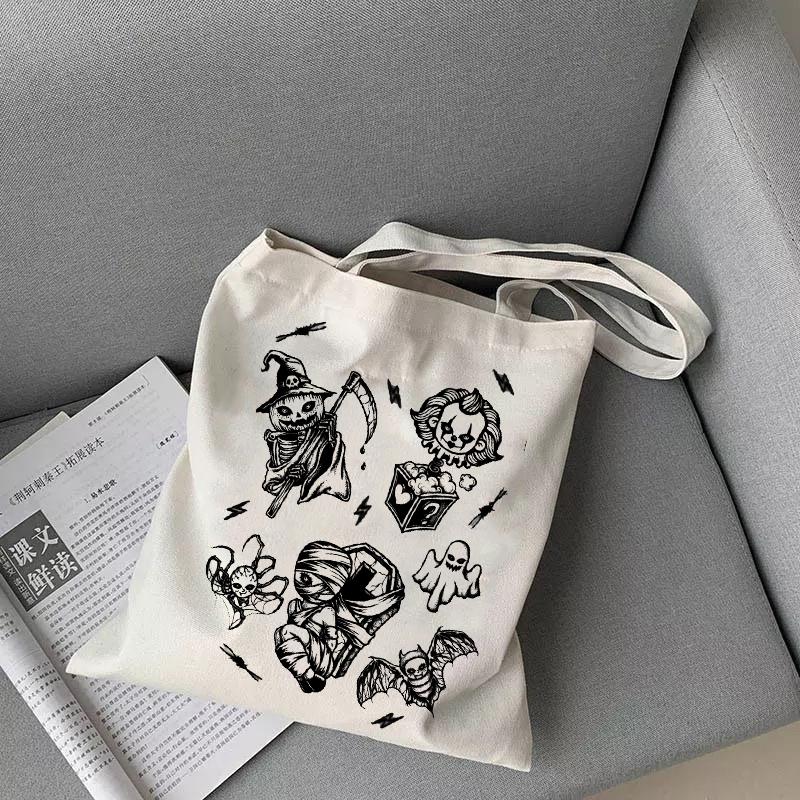 Gothic Harajuku White Vintage Canvas Bag Horror Fuunny Cartoon Print Large-capacity Shopper Handbag Fashion Casual Shoulder Bag