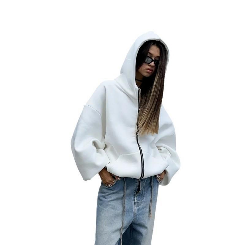 2026 Womens Oversized Hooded Zip-Up Sweatshirt Streetwear Graphic Print Loose Fit Long Sleeve Casual Top