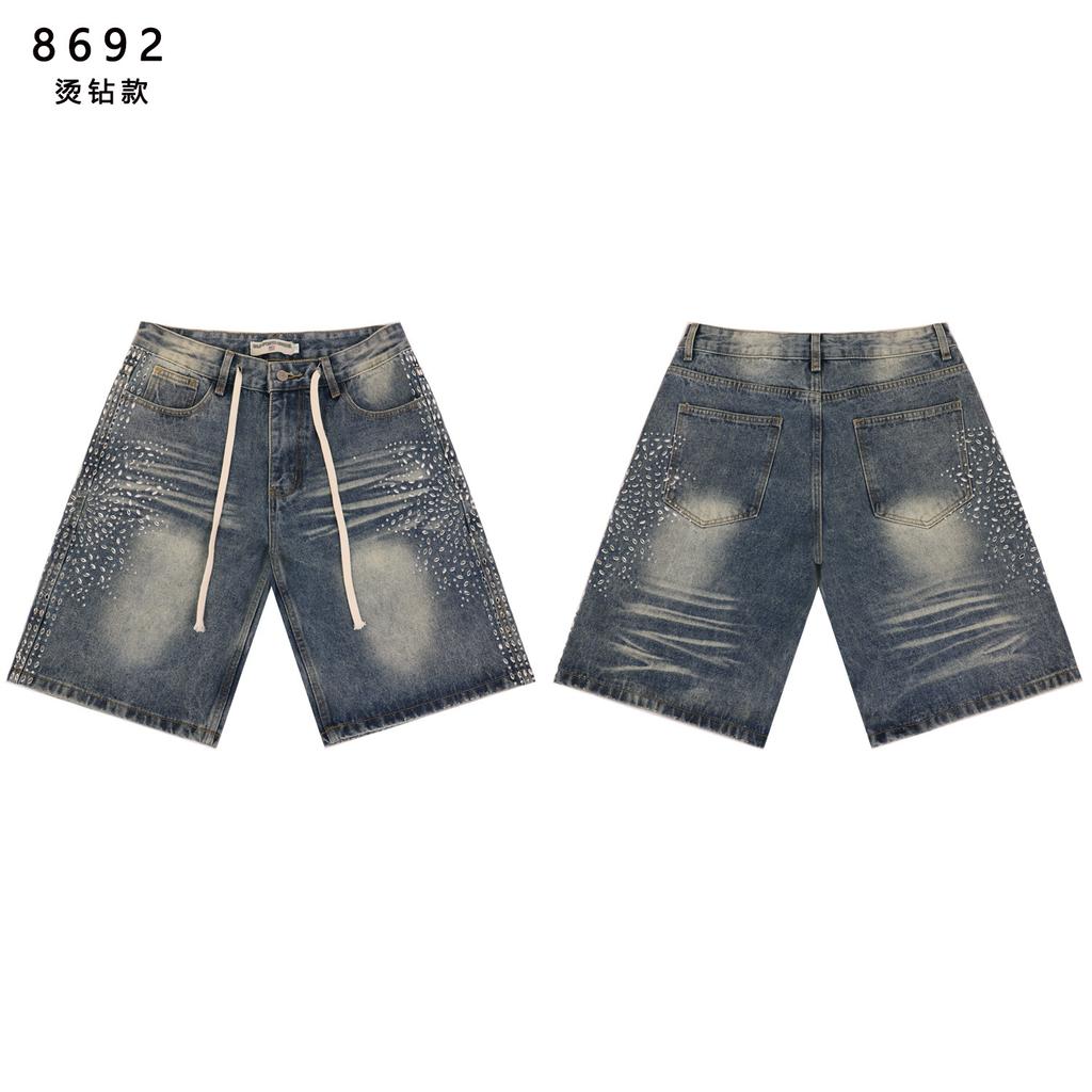 Men's Side Gradient Rhinestone Denim Shorts, Vintage Hip Hop Street Loose Drawstring Knee Length Shorts