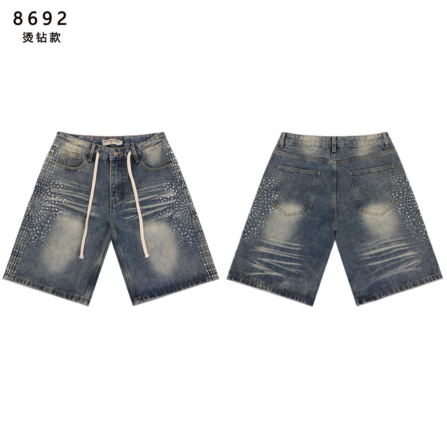 

Men s Side Gradient Rhinestone Denim Shorts, Vintage Hip Hop Street Loose Drawstring Knee Length Shorts 28