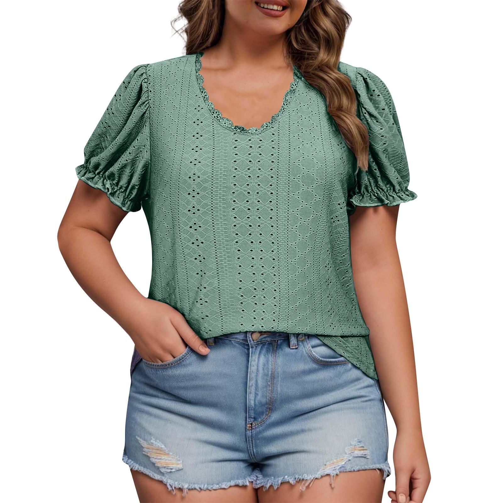 

Женская мода, свободный размер, однотонная женская футболка с v-образным вырезом и полыми рукавами-пузырьками, топ XXL армия зеленый