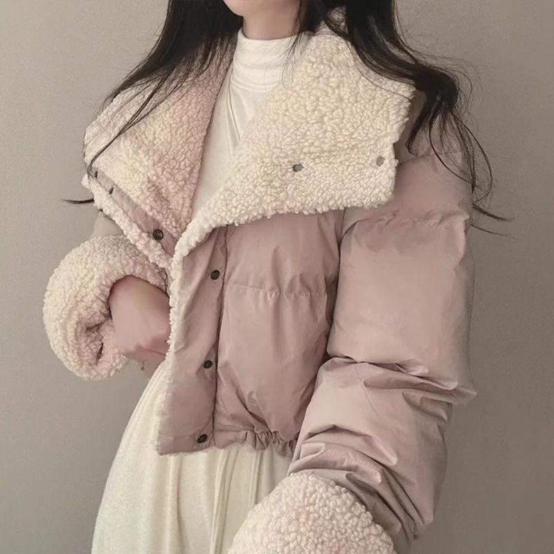 Women's Double-Sided Lambswool Cotton Puffer Jacket - Short Lapel, Loose Fit, Korean Style, Long Sleeve Winter Coat