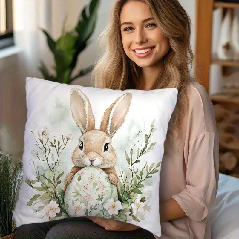 Easter Bunny Floral Egg Pillow Cover Watercolor Spring Decor Soft Microfiber For Sofa Bed Living Room Easter Home Decor Gifts
