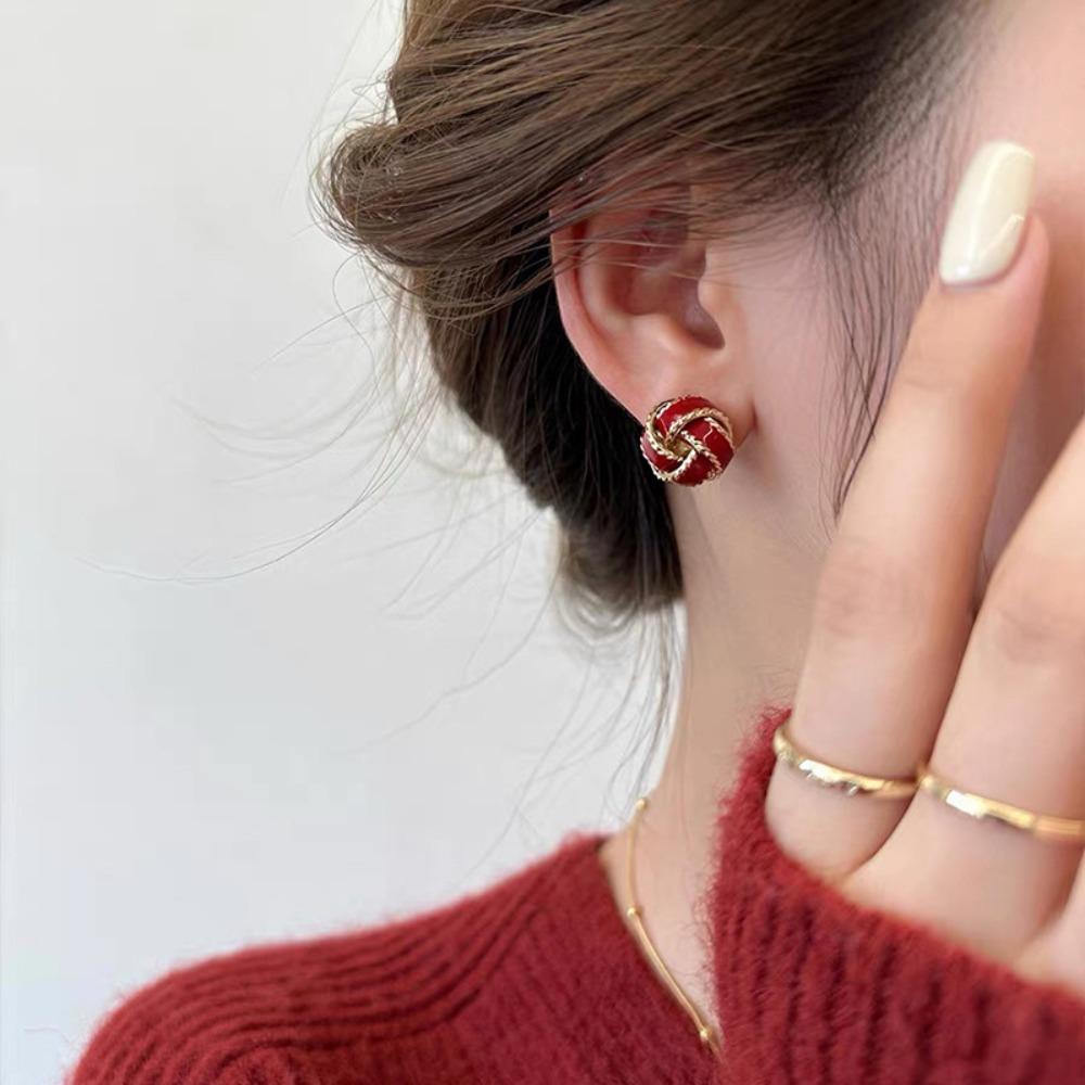 Vintage Rose Pearl Ear Studs Geometric Autumn Winter Earring Wine Red New Year Earring  Sweater