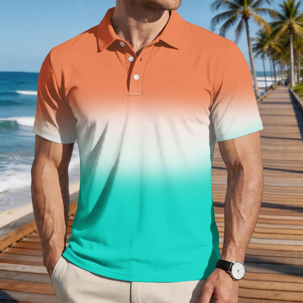 Men’s Loose Fit Casual Gradient Print Short Sleeve Polo Shirt with Turn Down Collar Soft Comfortable Fabric
