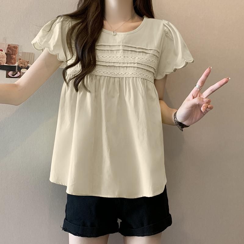 VONDA Blusa feminina casual gola redonda manga curta renda cor sólida solta