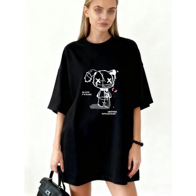 Übergroßes T-Shirt Schwarz Süß Gruseliger Hase Cartoon-Druck Mit Text So Süß Es Ist Gruselig Und Unotoree Skrupelloser Hase Streetwear Mode Freizeitkleidung