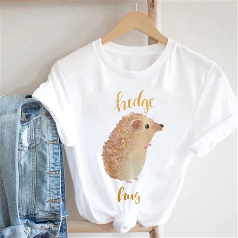 Pink Women Tshirts Casual Cute Cartoon Hedgehog Floral Graphic Print Female Tee Tops Harajuku Fashion Short Sleeve T Shirt Femme