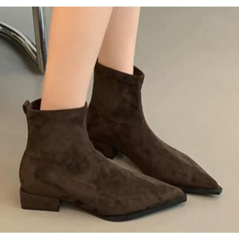 Womens Boots Temperament Pointed Toe Short Boots High Quality Suede Retro Ankle Booties Slim Fit Elastic Short Boots Botas Mujer