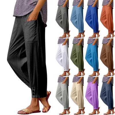 Women's Fashion Color Loose High Waist Button Pocket Cotton And Hemp Pants Nine Point Casual Pants