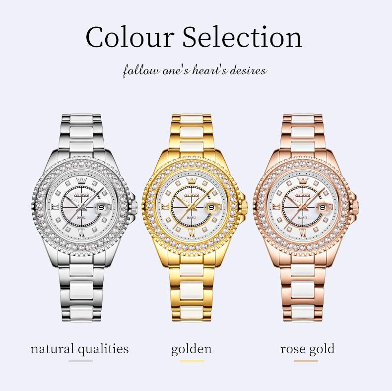 OLEVS 3685 New Quartz Watch for Women Luminous Waterproof Calendar Diamond Bezel Original Fashion Dress Ladies Wristwatch