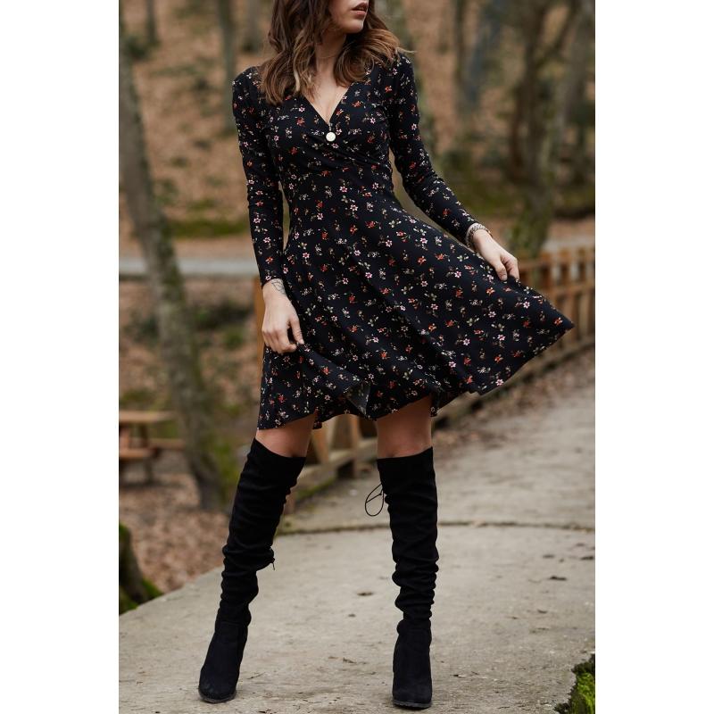 Floral Patterned Double Breasted Long Sleeve Short Dress