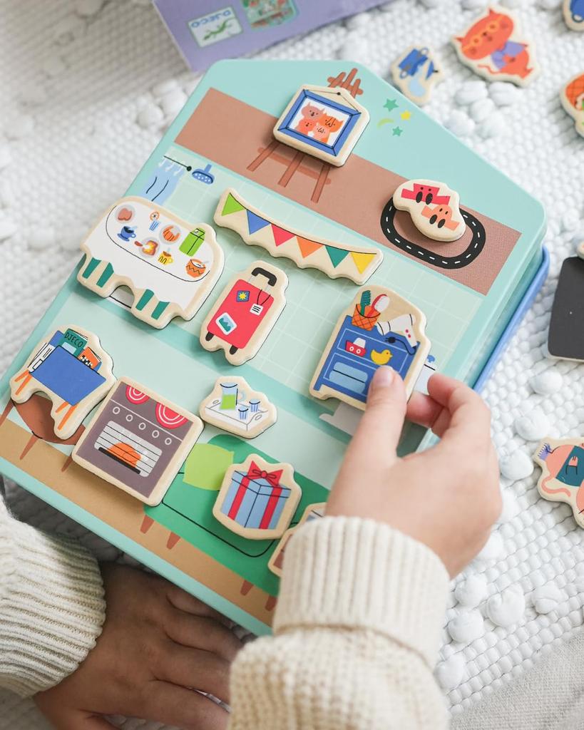DJECO Magnet in the House Magnetic Toy Dollhouse Toy Furniture Interior Magnetic Wooden Educational Toy Puzzle Pretend Play Ages 2, 3, 4, 5 (DJ03089)