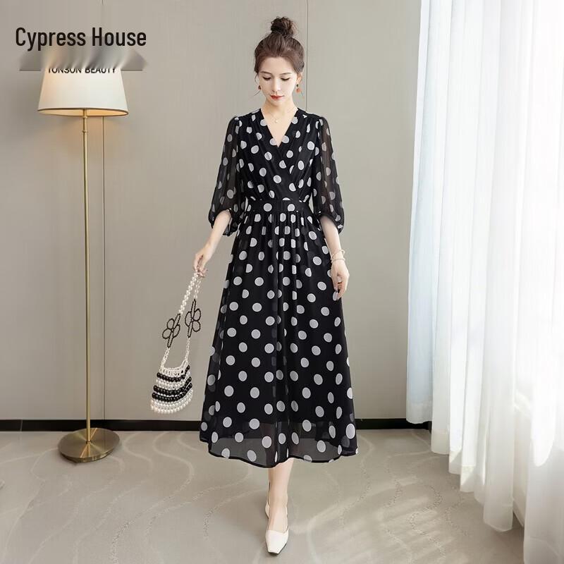 Women s V-Neck Cinched Waist Polka Dot Midi Dress M