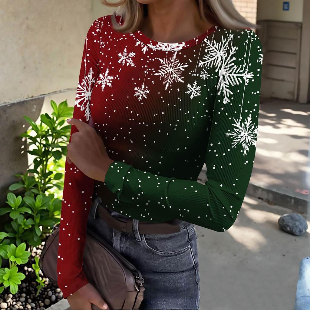 Women's  Slim Bottom T-shirt Fashion Casual Gradient Printing Round Neck Pullover Long Sleeve Top