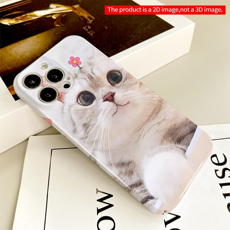 2DFlat Cute Cat with Pink Flower Emoji Phone Case All inclusive film hard iPhone case, compatible with iPhone 18 Pro Max 17 16 15 14 13 12 11