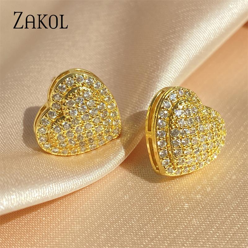 Fashion Heart CZ Stud Earrings for Women Cute Zirconia Female Band Marriage Statement Wedding Party Jewelry