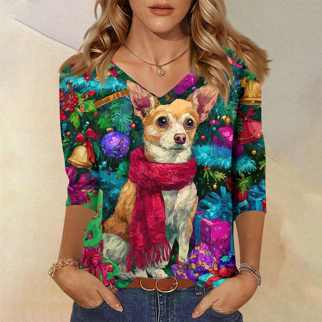 3/4 Sleeve Shirts For Women Print Christmas Tees Blouses Casual Plus Size Basic Tops Pullover