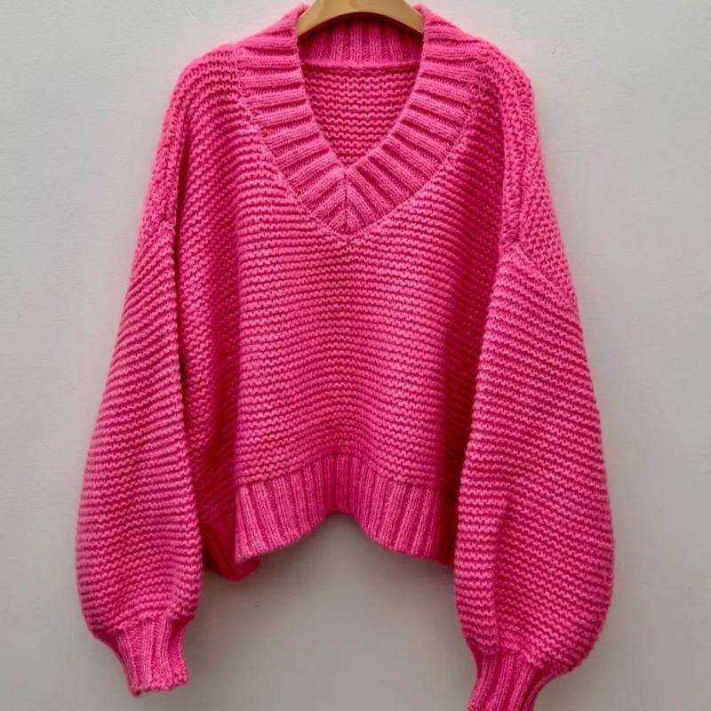 

Новая Мода Ретро Конфетный Цвет V-образный Вырез Свободный Длинный Рукав Толстая Вязка Спицами Свитер Вязаный Свитер Женский S розы красного