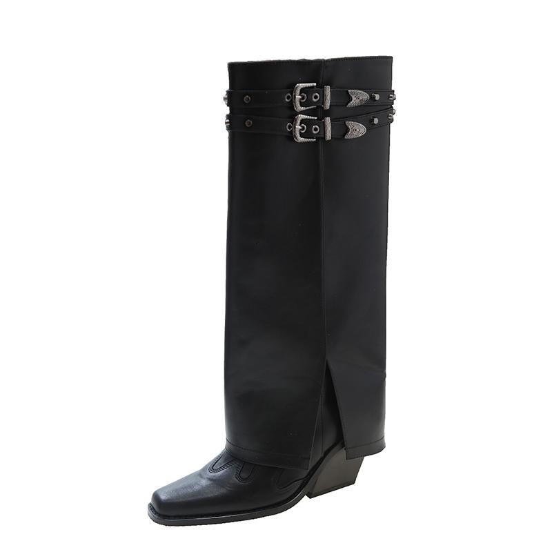 Fashion Designer Rivet Women Trouser Legs Boots Fashion Embroidery Female Thick Heels Knight Long Booties Zapatos De Mujer