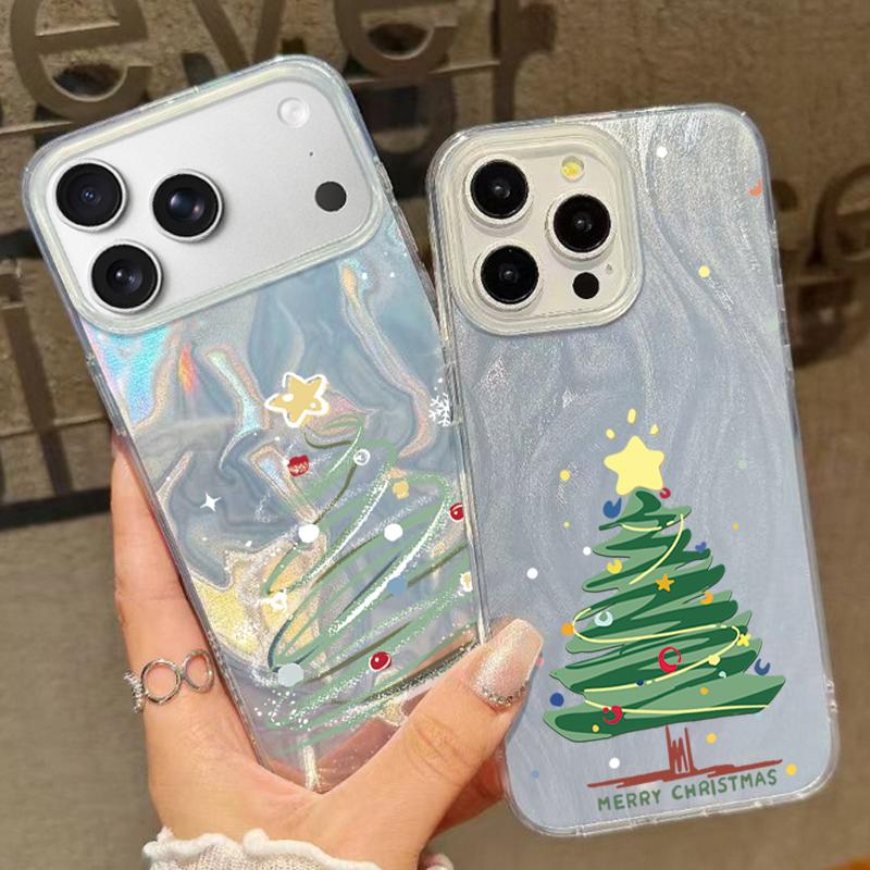 Cartoon Christmas Tree Pattern Phone Case For iPhone 17 Air 16e 16 15 14 Pro Max 13 17 Pro Max Shockproof TPU Hybrid Hard PC Phone Cover