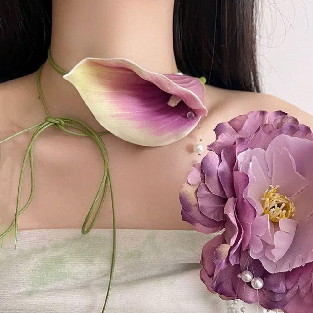 Elegant Floral Clavicle Chain Unique Flower Choker Necklace Zantedeschia Necklaces  For Women Girls