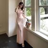 French Gentle Style Sexy Mesh Patchwork Spaghetti Strap Dress for Women, Summer Elegance, Slimming Fit Mermaid Long Dress