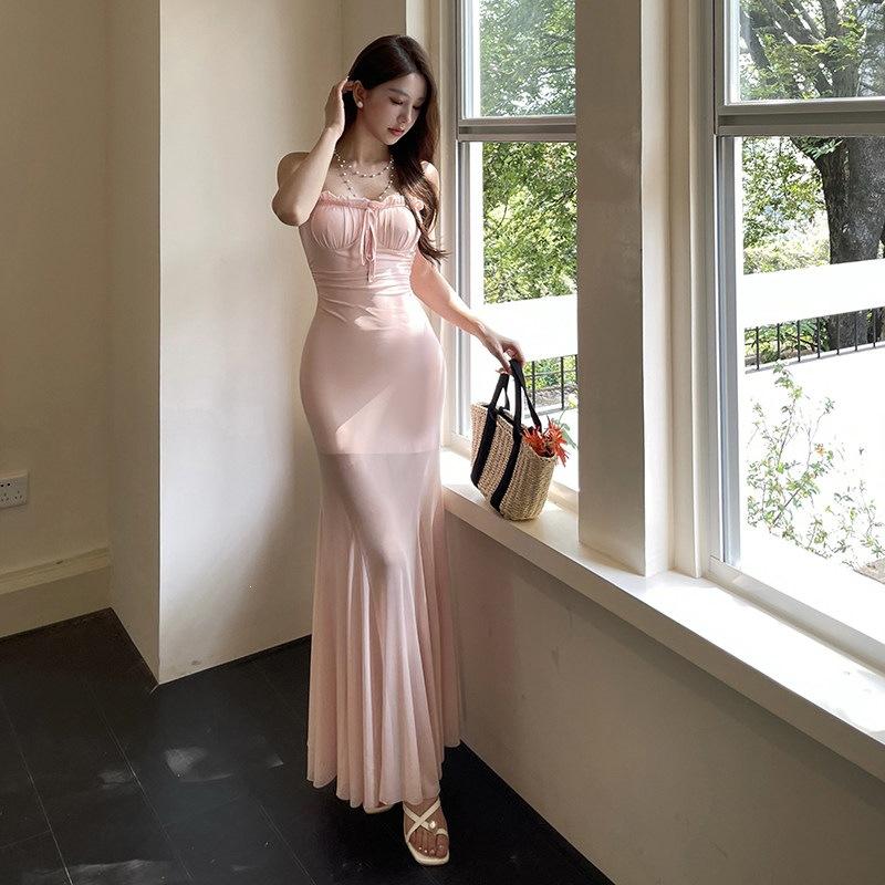 French Gentle Style Sexy Mesh Patchwork Spaghetti Strap Dress for Women, Summer Elegance, Slimming Fit Mermaid Long Dress