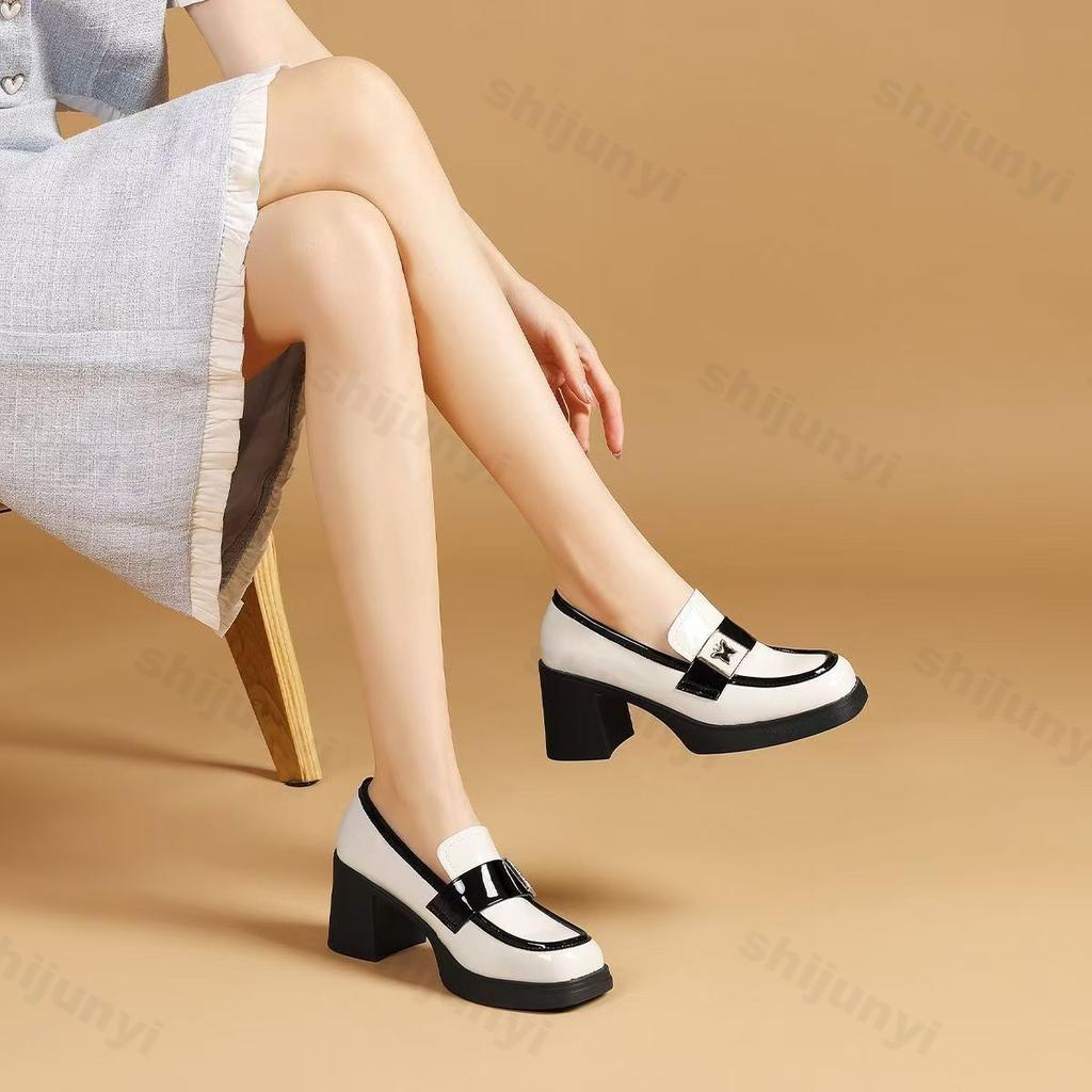Britischer Stil Dicke Hohe Absätze Flache Mund Slipper Damenschuhe Pendeln Vielseitig Frühling Neu Atmungsaktive Einzelne Schuhe