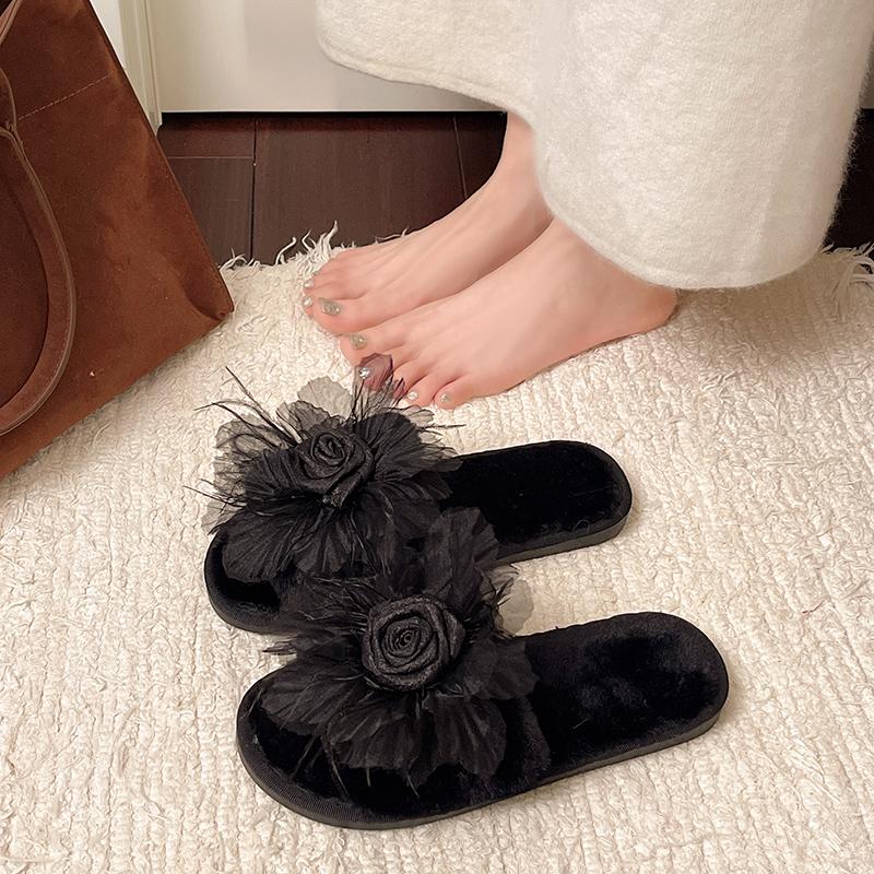 

Sweet Classic Slippers Women Casual Flat Low Heels Sweet Basic Shoes Women Solid Fur Flower Slip on Winter Slides Plus Size 36 чорний