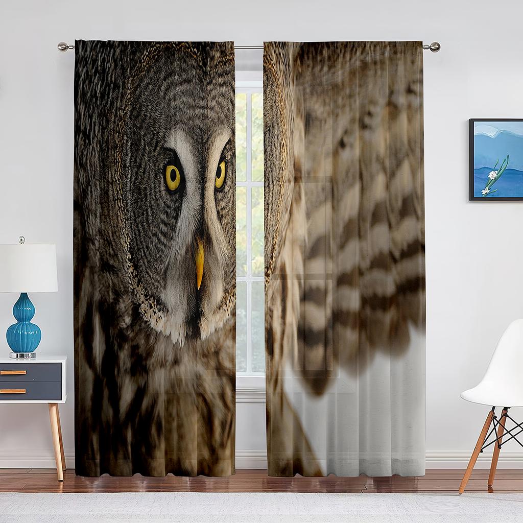 Zwierzę Sowa Zbliżenie Pióra Duże Oczy Przezroczyste Zasłony do Dekoracji Salonu Sypialni Okna Woale Szyfon Tiul Zasłony