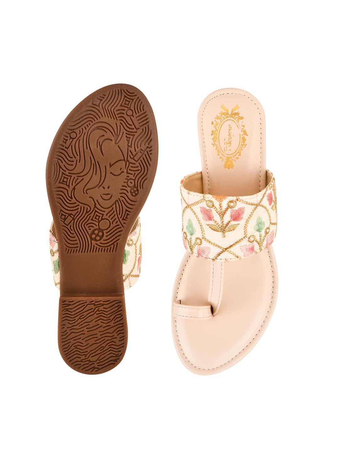 Shoetopia Embroidered Ethnic Cream Kolhapuri Flats For Women & Girls /Uk7 7 UK