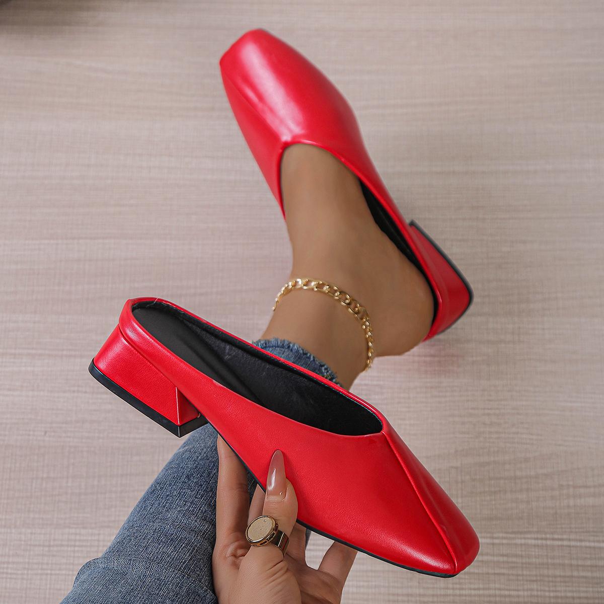 

Модная женская обувь мюли большого размера, сандалии на плоской подошве с квадратным носком, женская уличная обувь на весну и лето, повседневные удобные шлепанцы на низком каблуке 36 красный