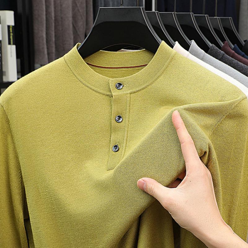 Men s Wool-Silk Long Sleeve Polo, Round Neck, Spring/Autumn Casual Warm Base Layer Top 170