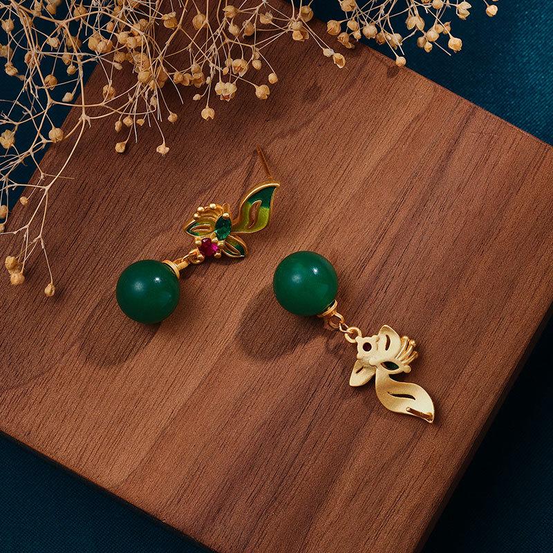 Chinese Style Classical And Simple Natural Jasper Round Bead  Earrings For Women  Enamel Crystal Flower Ear Studs Jewelry