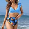 Maillot de bain bikini taille haute imprimé à volants et coussinet de poitrine pour femme, sans soutien-gorge en acier