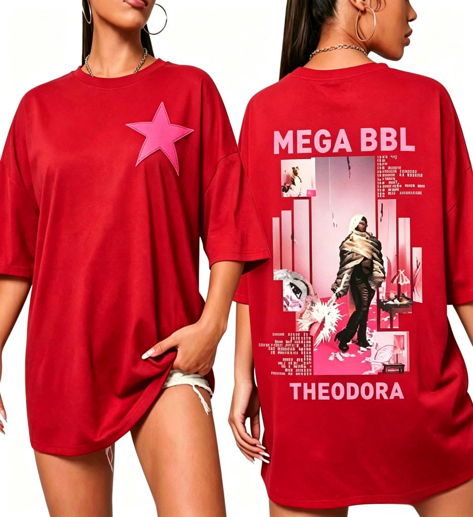 2026 New Loose Cotton Doublesided Printing Vertical Pink Gradient Collage On The Back Female Portrait Bold Square Text Tshirt