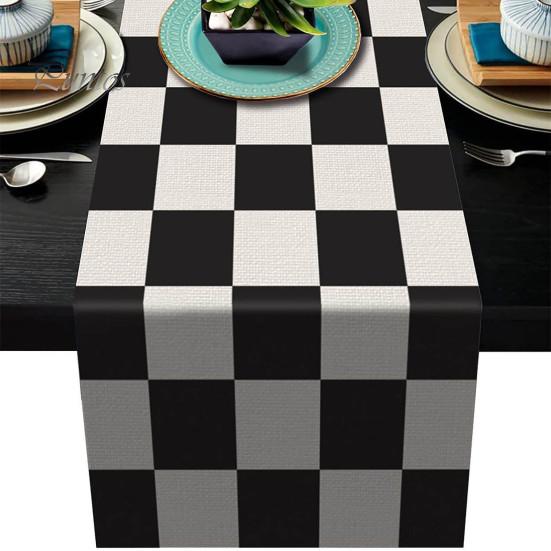 Easy Care Table Decor Modern Geometric Runner, Black And White Checkered Washable Rectangular Desk Runner 72 Inch Striped for Dining Decorative Cover