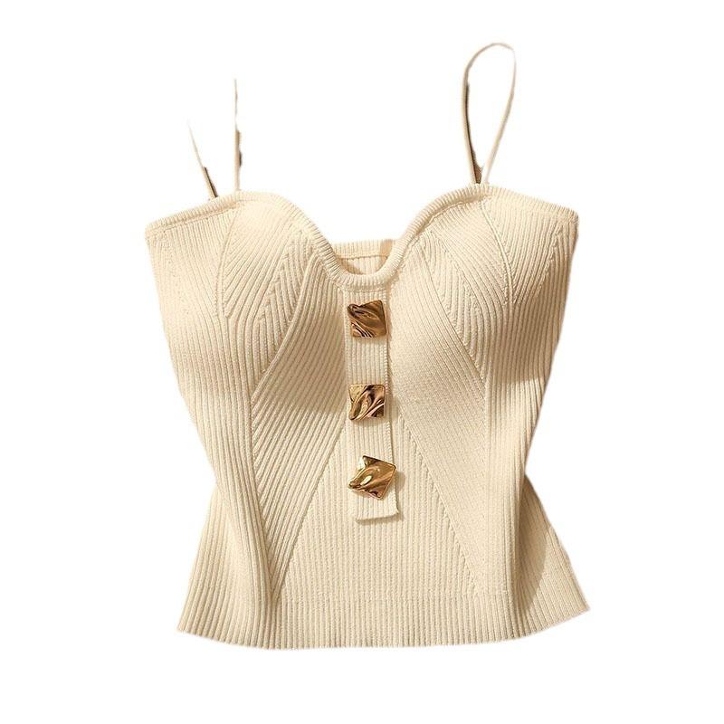 Spring Summer Women Knitted Strapless Camisole Top Women's Outerwear Sleeveless Backless Button Short Top Shirts
