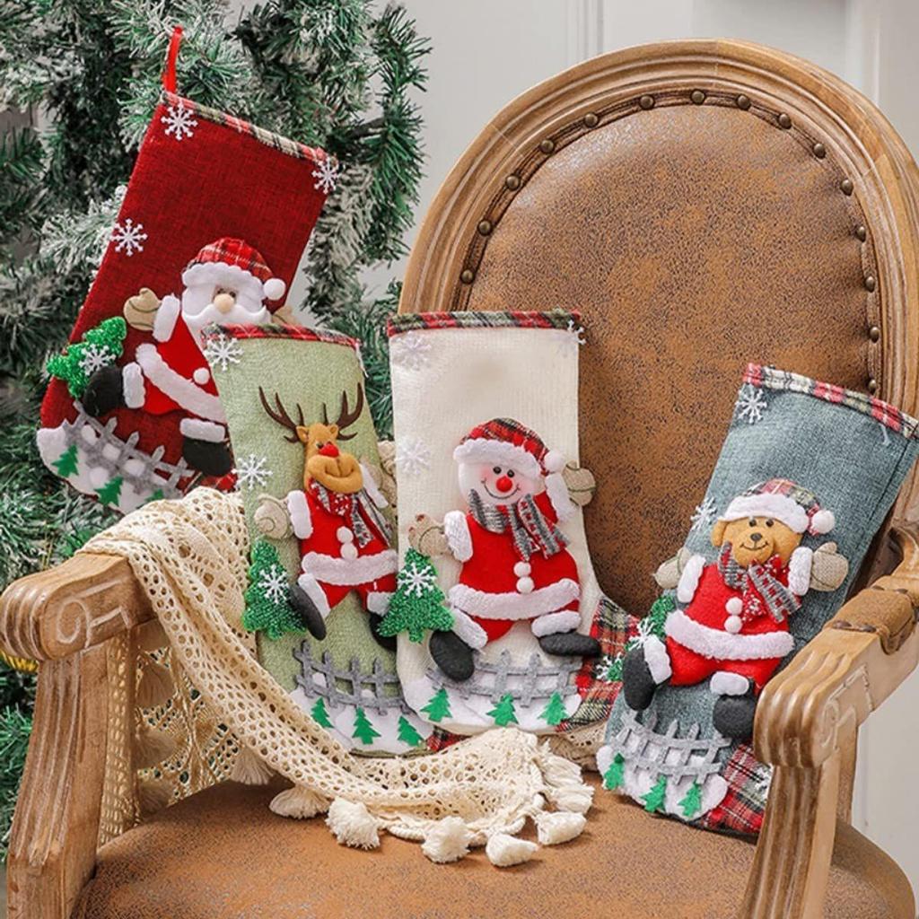 Set of 4 Christmas Decorations Stocking, 10 Inch Linen Xmas Gift Stockings, Large Hanging Christmas Tree Decoration Items for Xmas Tree,